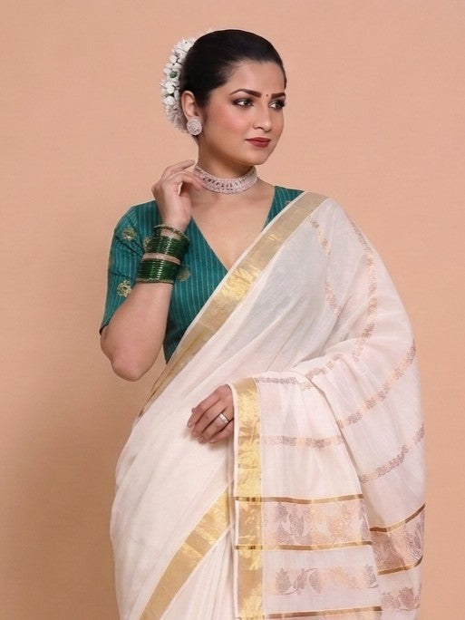 Madhura | Elbow Sleeve Mayur Green Striped Peacock Brocade FlexiFit™ Saree Blouse
