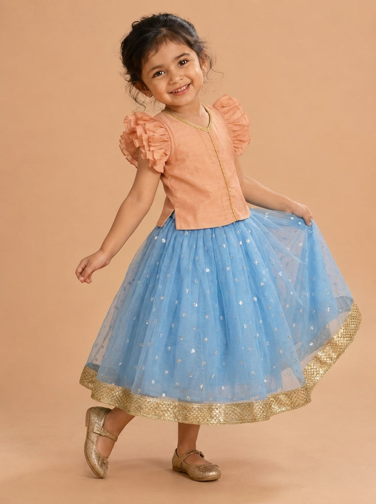 Gilheri x Tyohaar | Peach & Blue Chandheri-Organza Ruffle Sleeve Lehenga Set