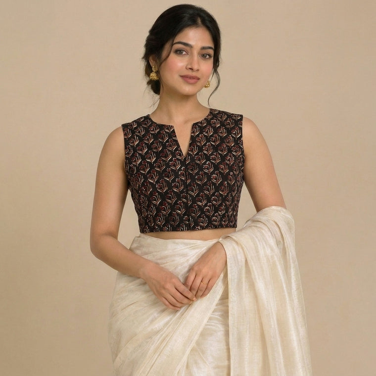 Madhvi Mood | 2-Way Zipper Sleeveless Midnight Lily Handblock Printed Handblock Printed Cotton FlexiFitFit™ Saree Blouse