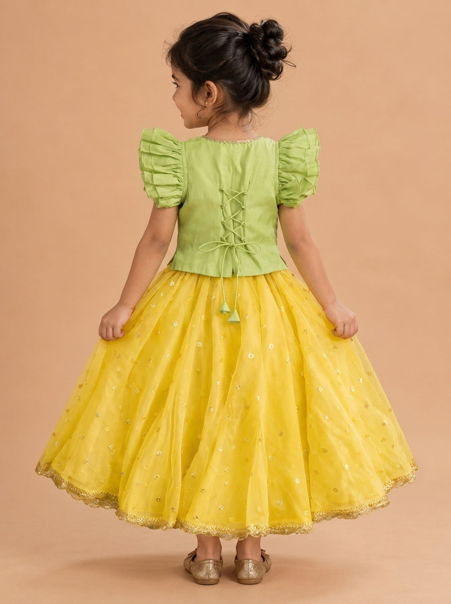 Gilheri x Tyohaar | Green & Yellow Chandheri-Organza Ruffle Sleeve Lehenga Set