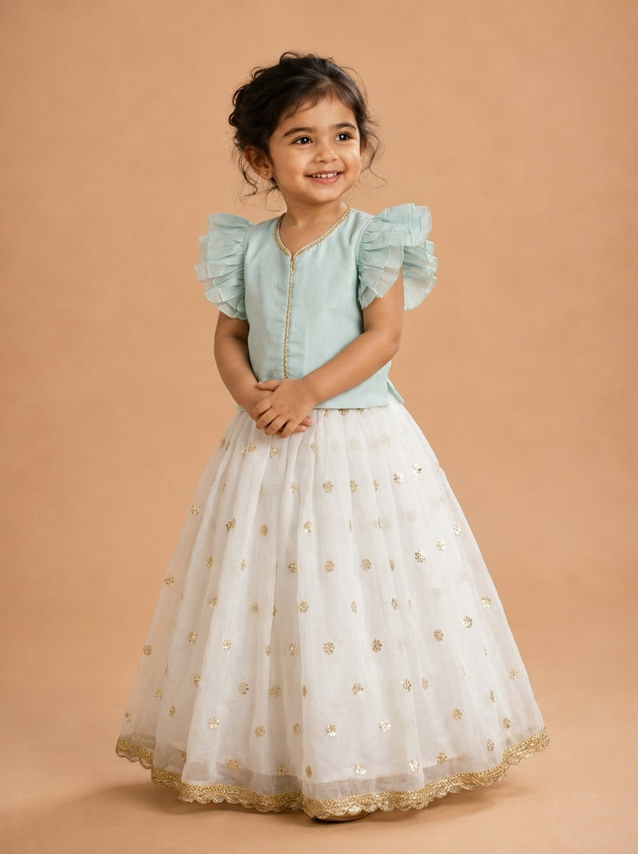 Gilheri x Tyohaar | Powder Blue & White Chandheri-Organza Ruffle Sleeve Lehenga Set