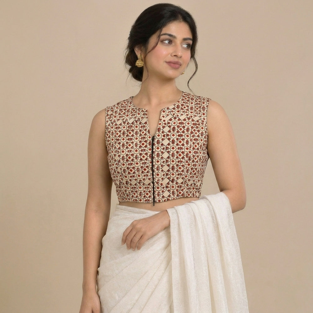 Madhvi Mood | 2-Way Zipper Sleeveless Cream & Red Geometric Handblock Printed Handblock Printed Cotton FlexiFitFit™ Saree Blouse