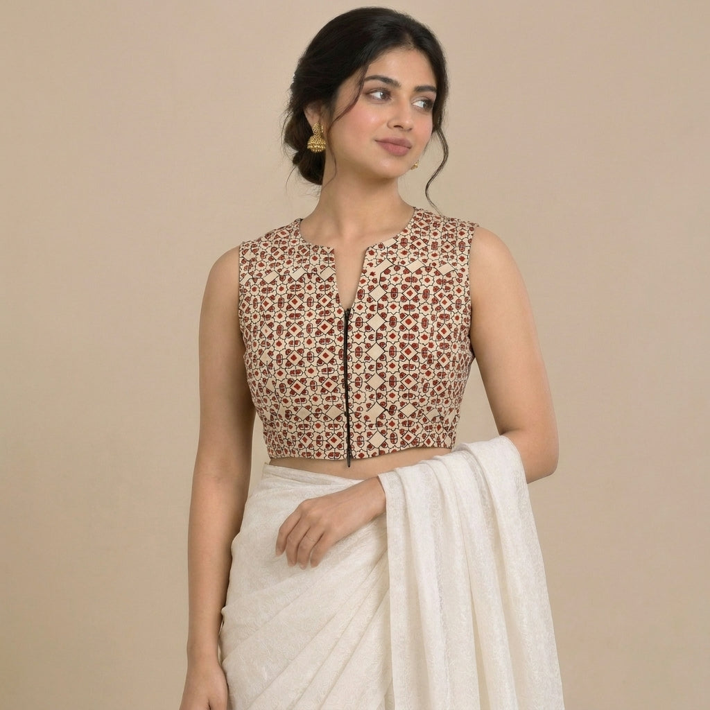 Madhvi Mood | 2-Way Zipper Sleeveless Cream & Red Geometric Handblock Printed Handblock Printed Cotton FlexiFitFit™ Saree Blouse