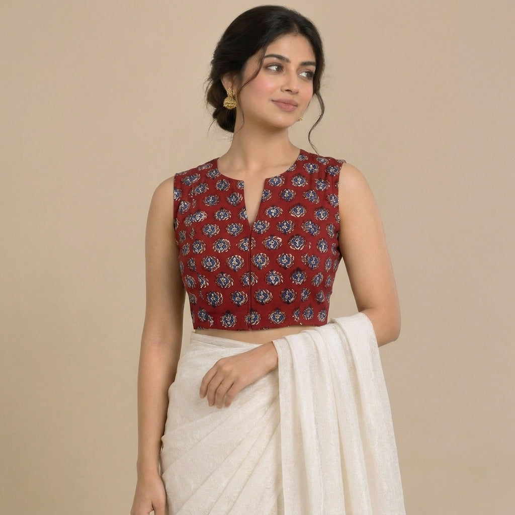 Madhvi Mood | 2-Way Zipper Sleeveless Crimson Field Handblock Printed Handblock Printed Cotton FlexiFitFit™ Saree Blouse