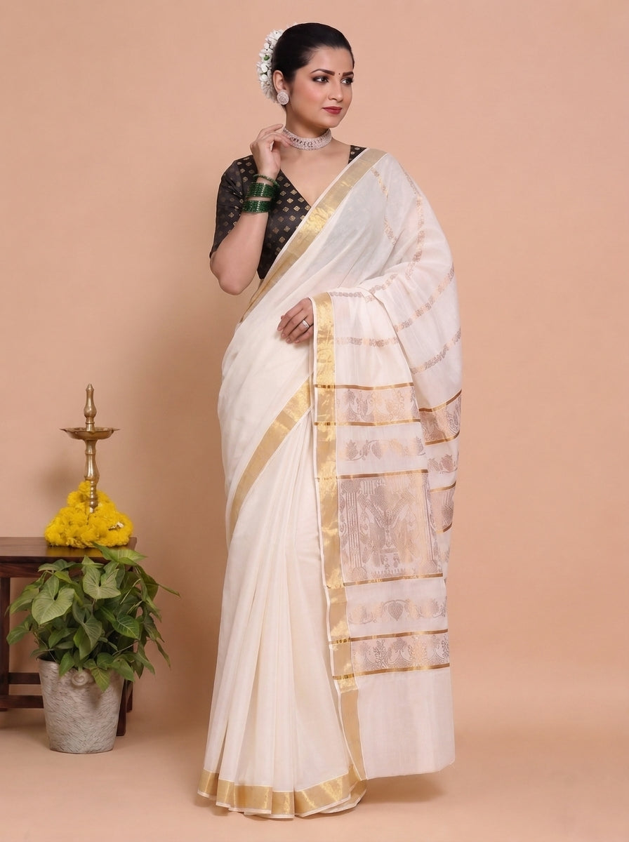 Kasavu-Kit Kasavu Saree with Aabha Elbow Sleeve blouse in Black Butta Satin Viscose