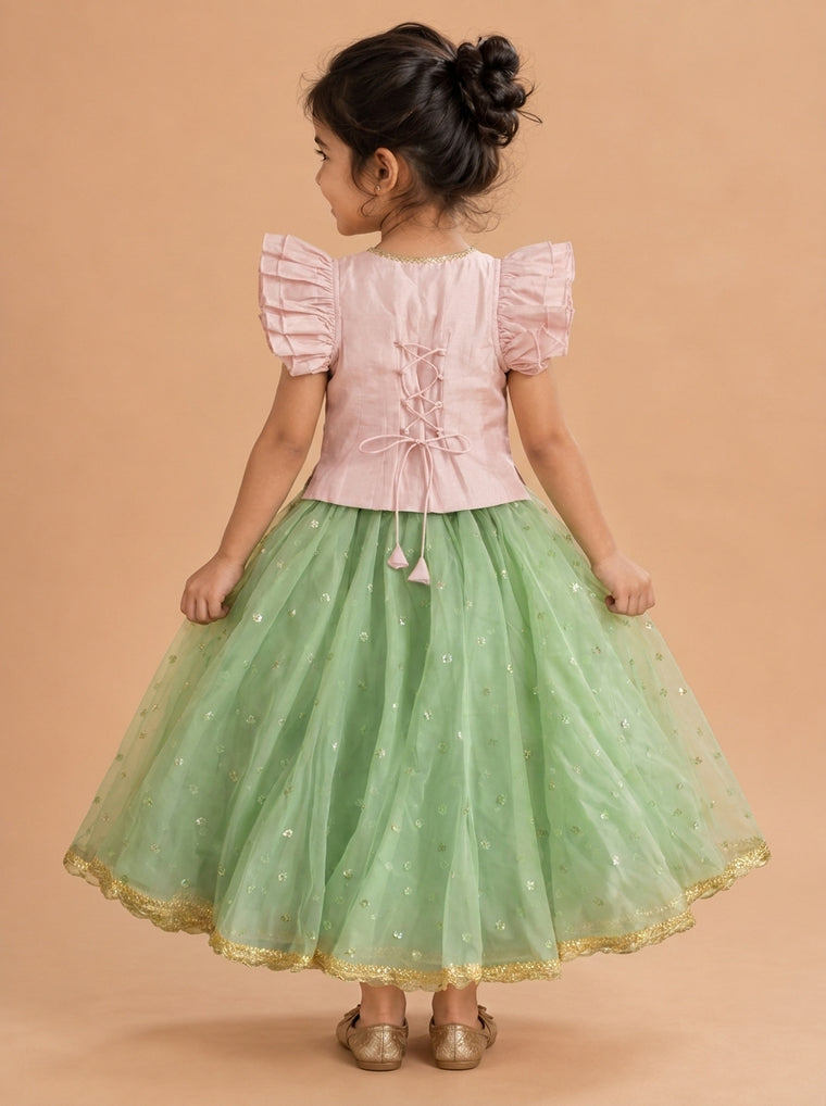 Gilheri x Tyohaar | Baby Pink & Green Chandheri-Organza Ruffle Sleeve Lehenga Set