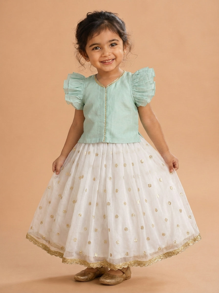 Gilheri x Tyohaar | Powder Blue & White Chandheri-Organza Ruffle Sleeve Lehenga Set
