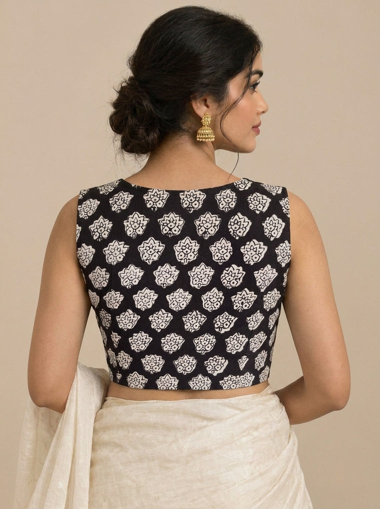 Madhvi Mood | 2-Way Zipper Sleeveless Black Floral Handblock Printed Handblock Printed Cotton FlexiFitFit™ Saree Blouse