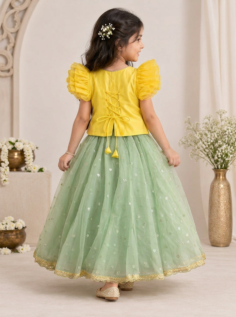 Gilheri x Tyohaar | Yellow & Green Chandheri-Organza Ruffle Sleeve Lehenga Set