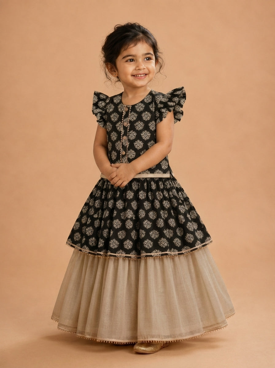 Chandri x Tyohaar | Tiered Lehenga Set in Black Floral Block Print Cotton