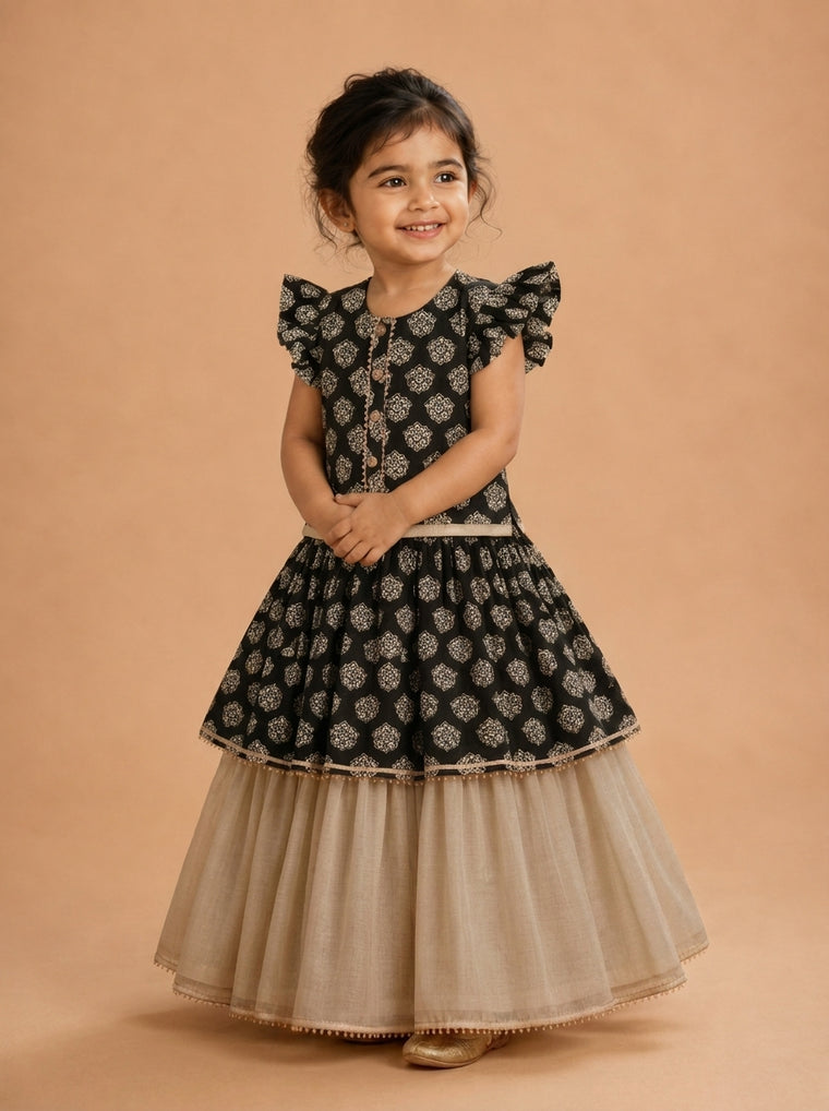 Chandri x Tyohaar | Tiered Lehenga Set in Black Floral Block Print Cotton