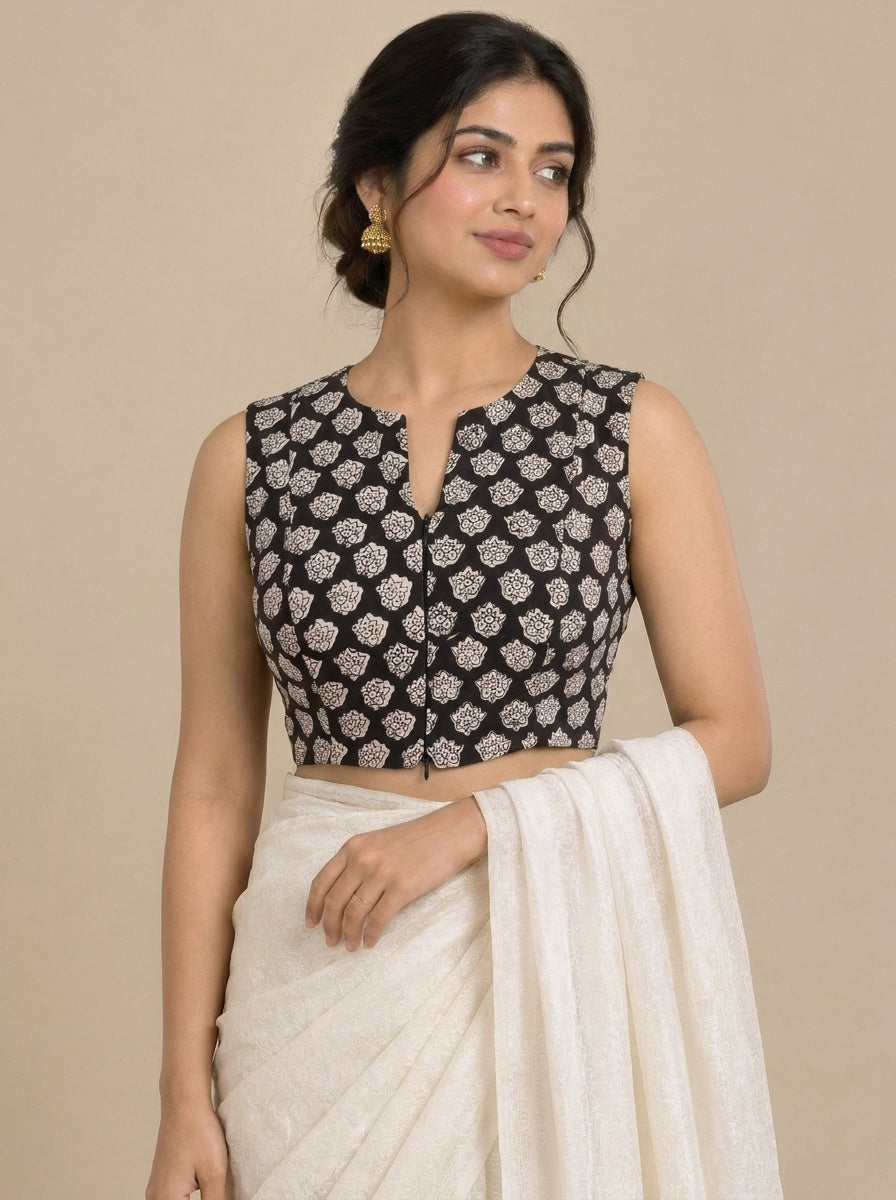 Madhvi Mood | 2-Way Zipper Sleeveless Black Floral Handblock Printed Handblock Printed Cotton FlexiFitFit™ Saree Blouse