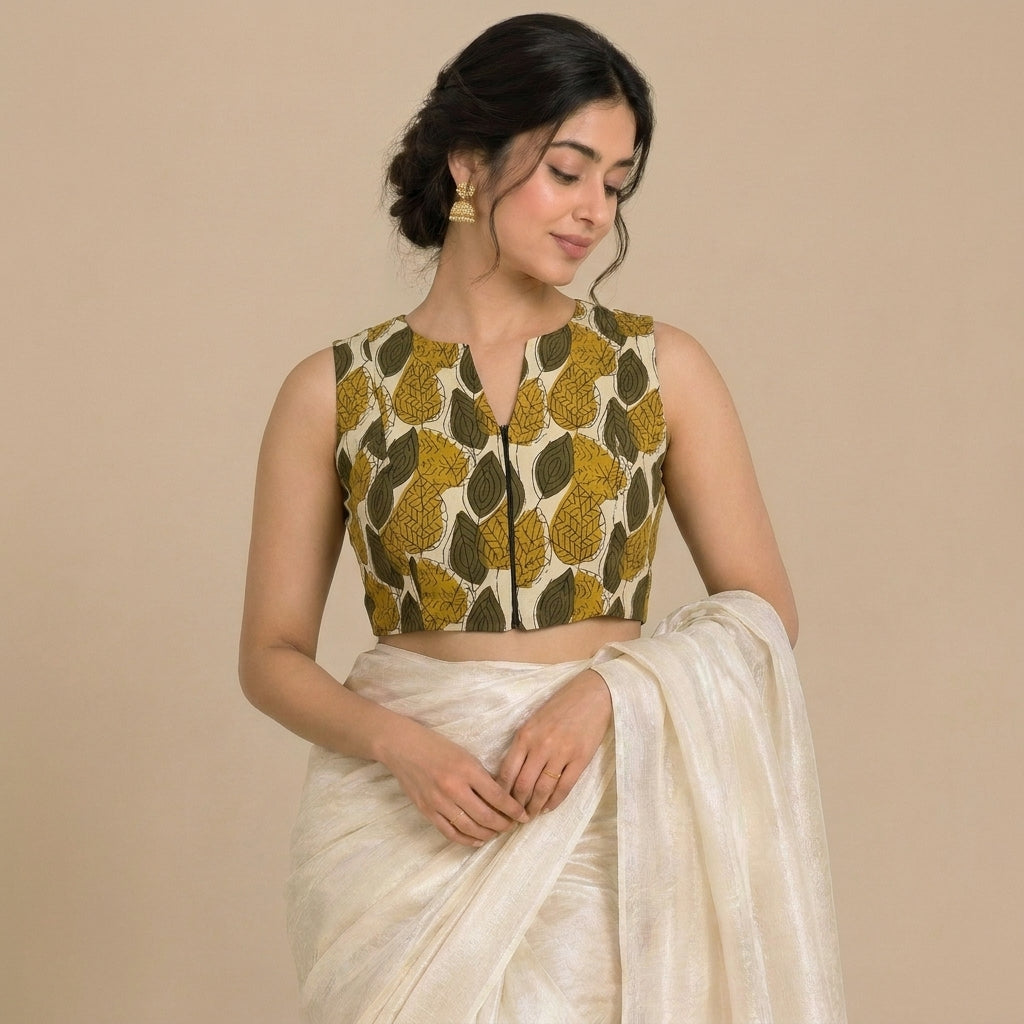 Madhvi Mood | 2-Way Zipper Sleeveless Olive Foliage Handblock Printed Handblock Printed Cotton FlexiFitFit™ Saree Blouse