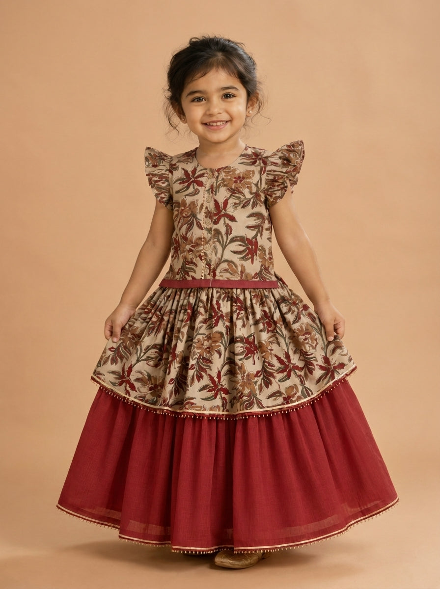 Jhumki x Tyohaar | Tiered Lehenga Set in Cream Blossom Block Print Cotton