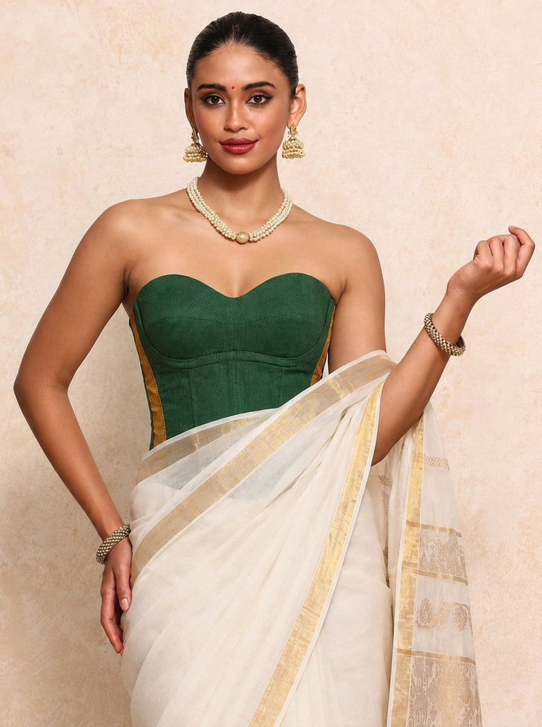 Kasavu-Kit Kasavu Saree with Vihana Off-Shoulder Sleeveless Corset blouse in Bottle Green Mangalgiri