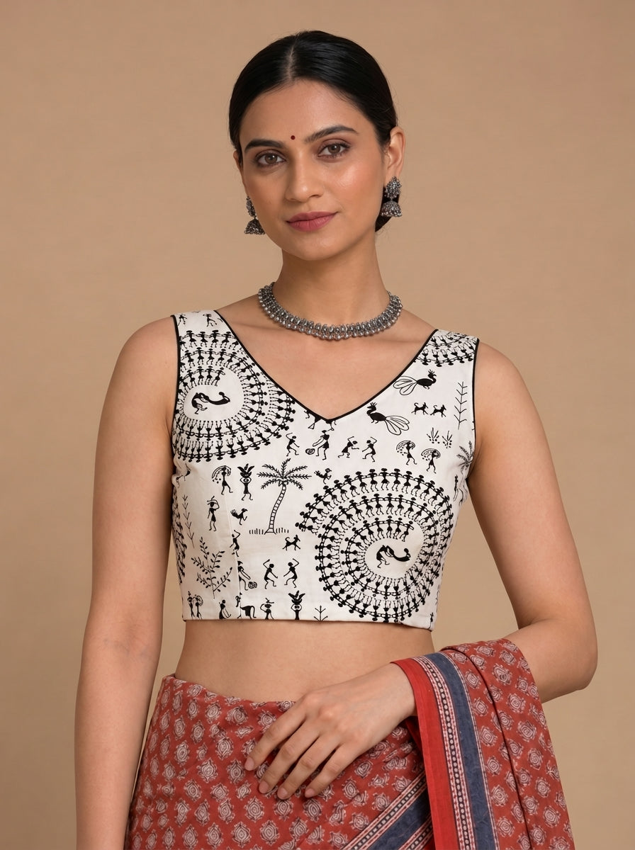 Ardha | Duet Reversible Blockprinted Warli Print & Black Blockprinted Cotton CinchFit™ Saree Blouse