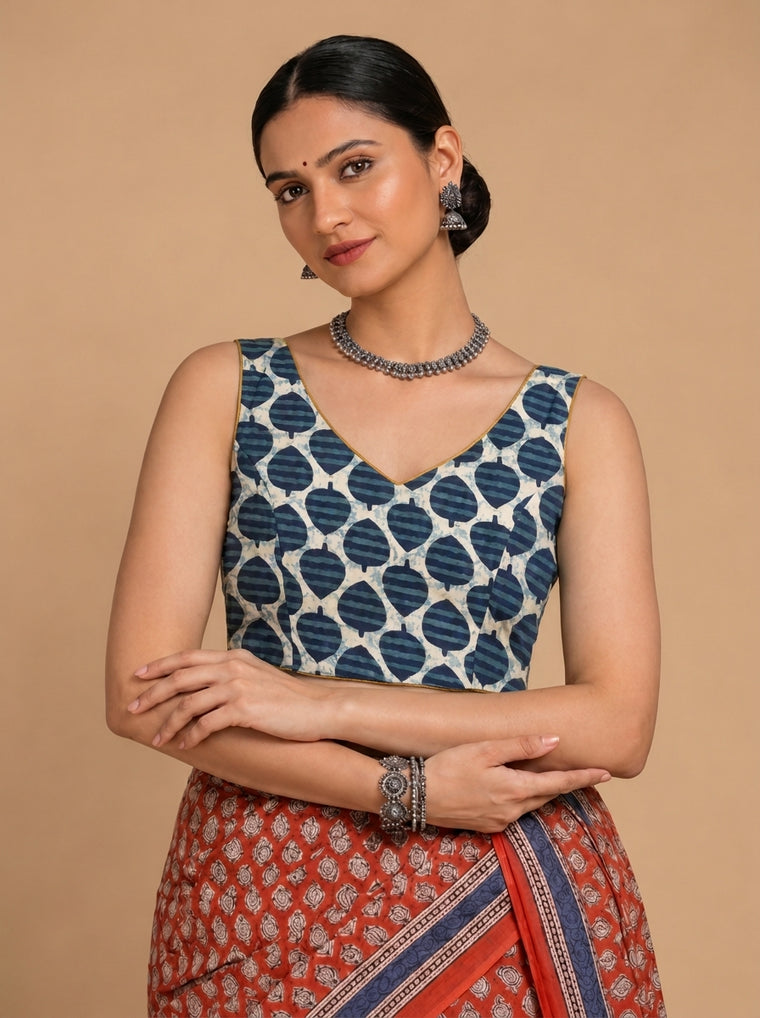 Ardha | Duet Reversible Blockprinted Indigo Spade & Yellow Blockprinted Cotton CinchFit™ Saree Blouse