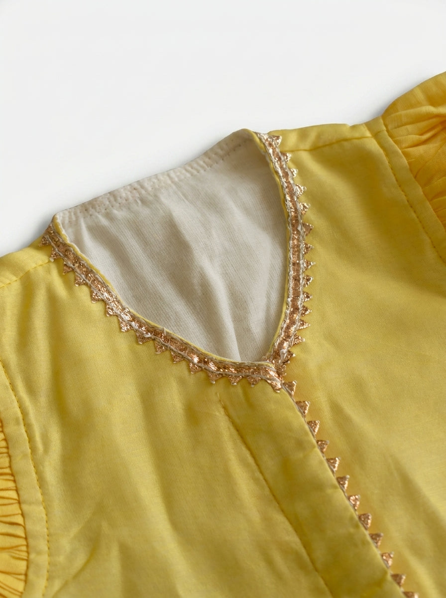 Gilheri x Tyohaar | Yellow & Green Chandheri-Organza Ruffle Sleeve Lehenga Set