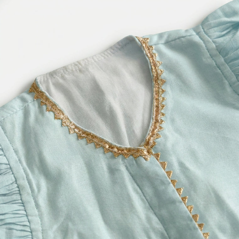 Gilheri x Tyohaar | Powder Blue & White Chandheri-Organza Ruffle Sleeve Lehenga Set