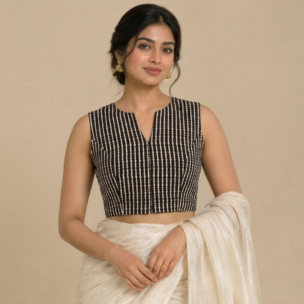 Madhvi Mood | 2-Way Zipper Sleeveless Earthy Black Stripes Handblock Printed Handblock Printed Cotton FlexiFitFit™ Saree Blouse