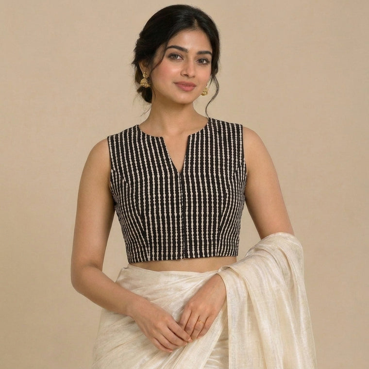 Madhvi Mood | 2-Way Zipper Sleeveless Earthy Black Stripes Handblock Printed Handblock Printed Cotton FlexiFitFit™ Saree Blouse