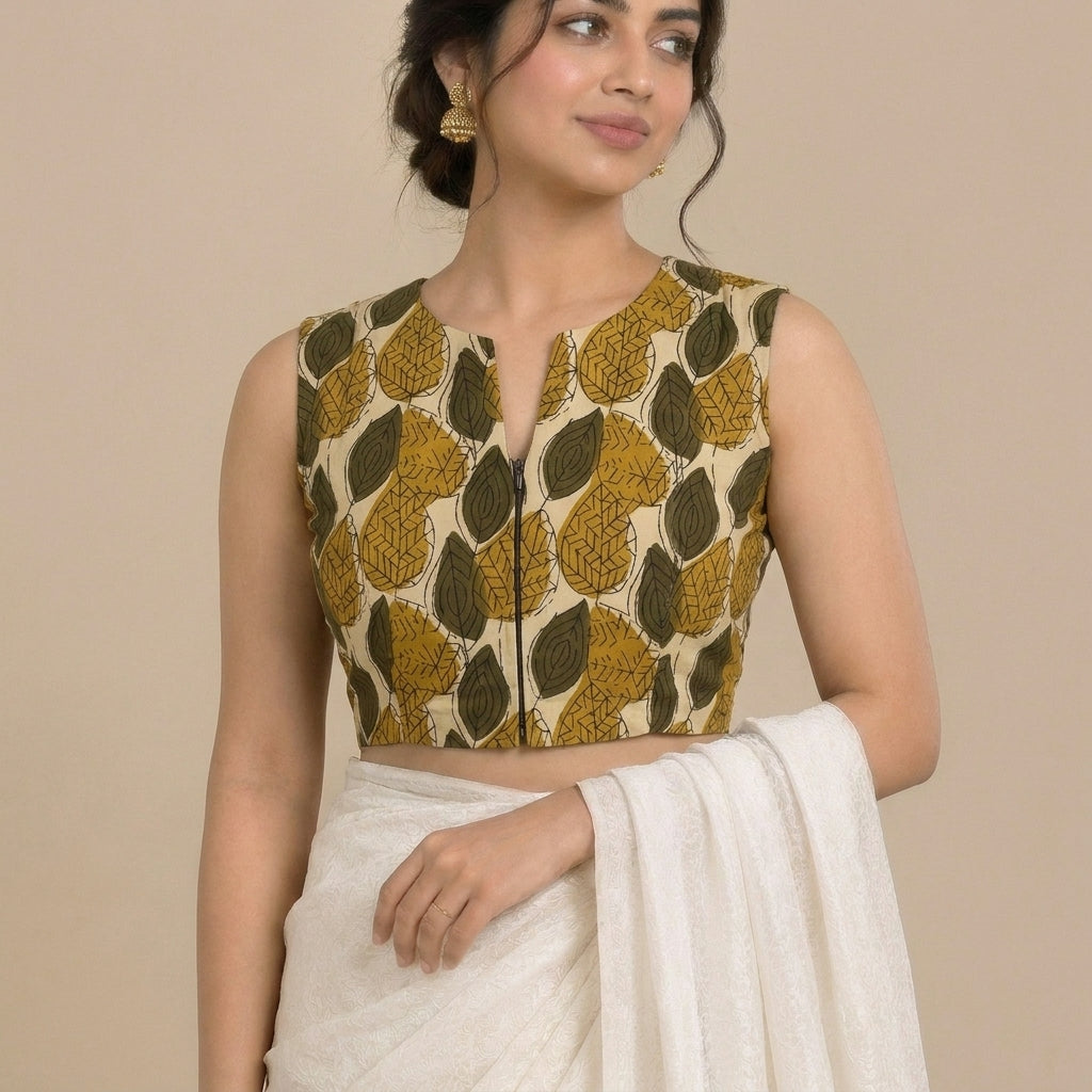 Madhvi Mood | 2-Way Zipper Sleeveless Olive Foliage Handblock Printed Handblock Printed Cotton FlexiFitFit™ Saree Blouse