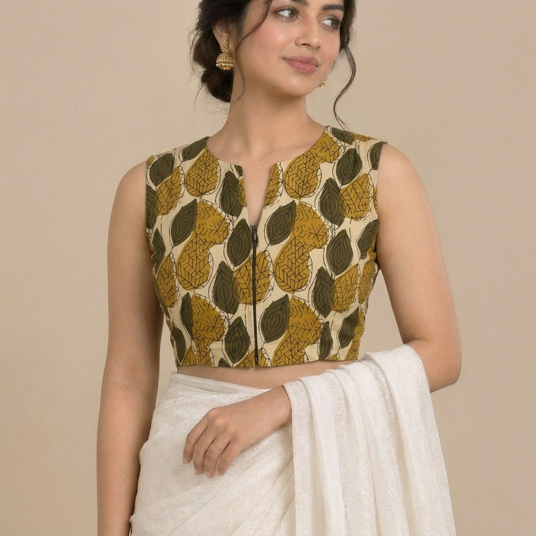 Madhvi Mood | 2-Way Zipper Sleeveless Olive Foliage Handblock Printed Handblock Printed Cotton FlexiFitFit™ Saree Blouse