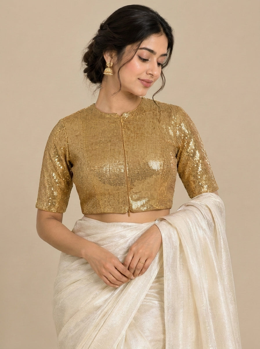 Nitara Mood | 2-Way Zipper Elbow-Sleeved Gold Sequin FlexiFitFit™ Saree Blouse