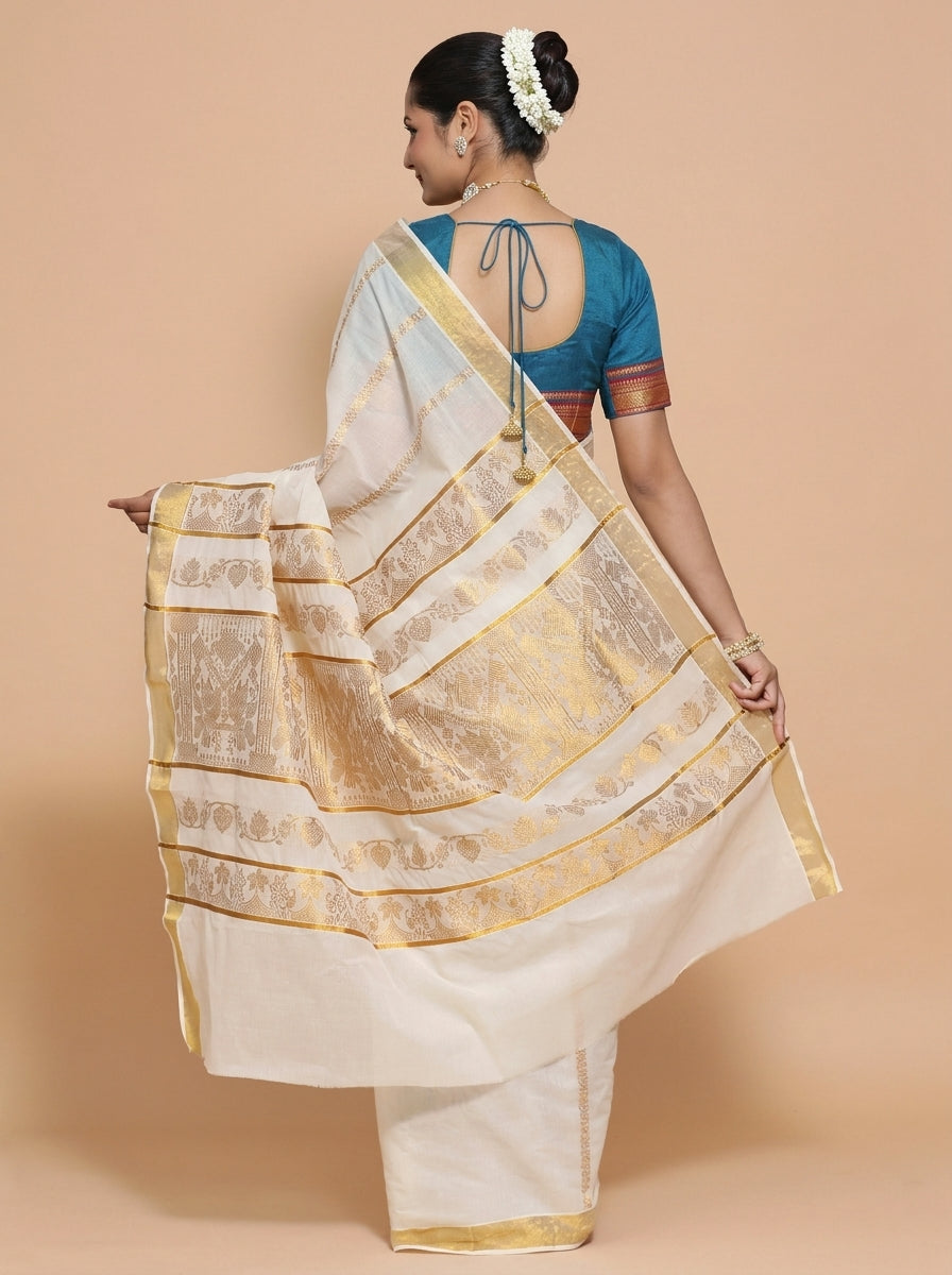 Kasavu-Kit Kasavu Saree with Revathi Elbow Sleeve blouse in Cerulean Blue