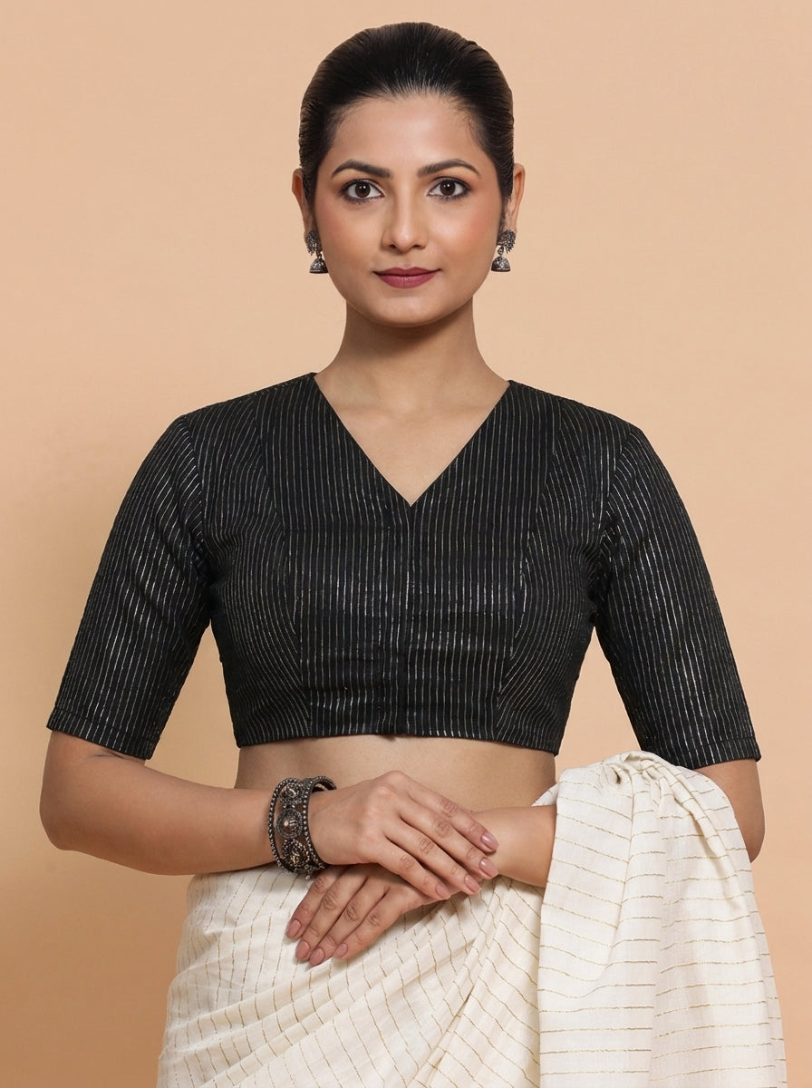 Ramona Reversible Duet | Indigo Blue Flower × Black Silver Stripe Cotton FlexiFit Saree Blouse