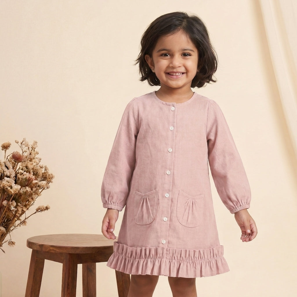 Gigi x Tyohaar | A-line Frock with Bubble Sleeve in Misty Pink Linen