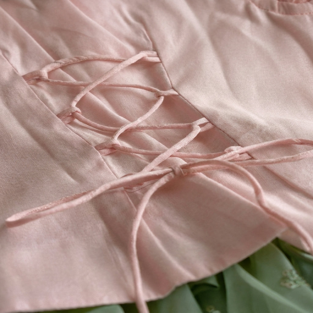 Gilheri x Tyohaar | Baby Pink & Green Chandheri-Organza Ruffle Sleeve Lehenga Set