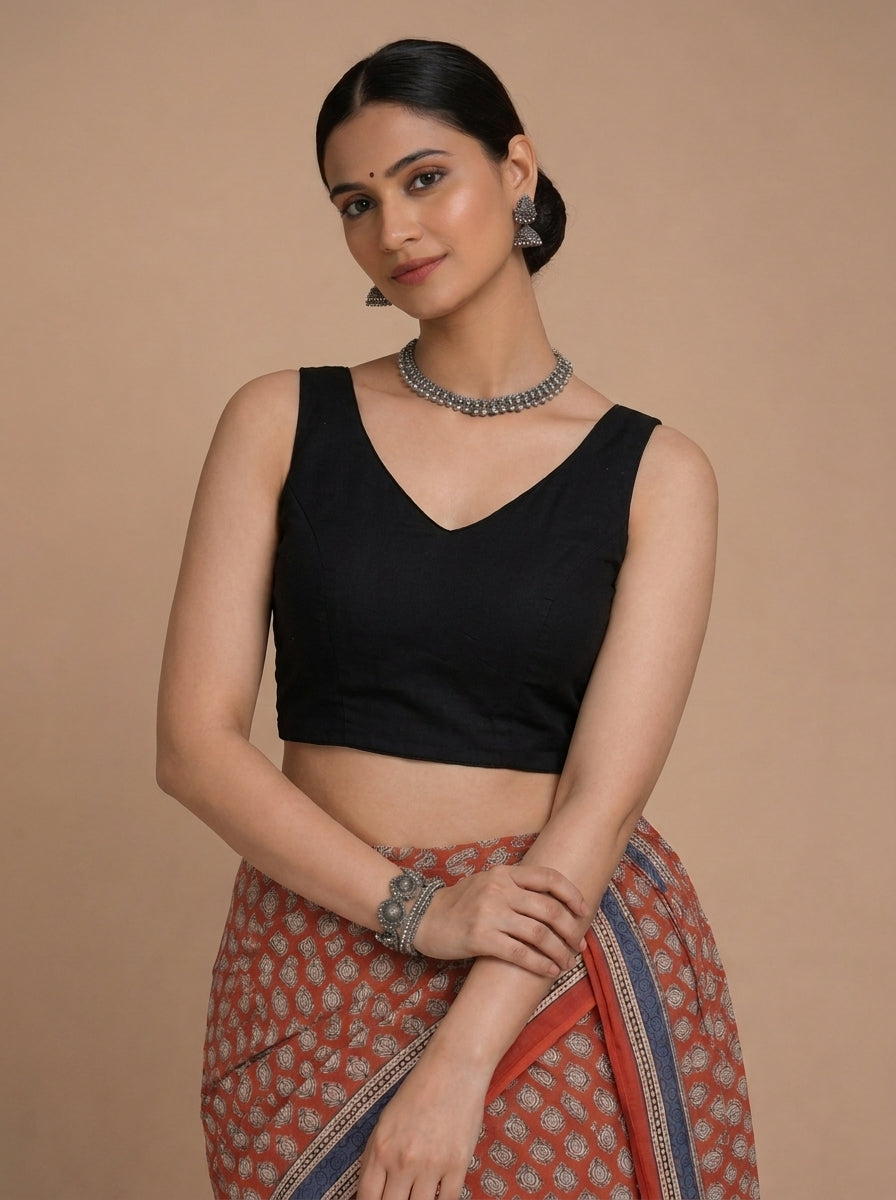 Ardha | Duet Reversible Blockprinted Red Mango & Black Solid Cotton CinchFit™ Saree Blouse