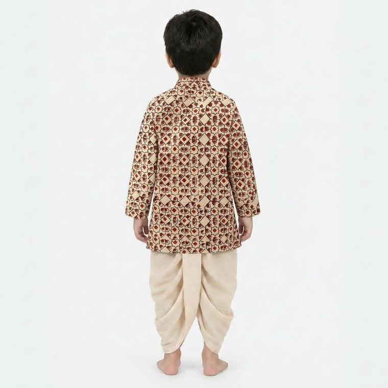 Vyan x Tyohaar | Kurta & Dhoti Pant Set in Cream & Red Geometric Block Print Cotton & Linen