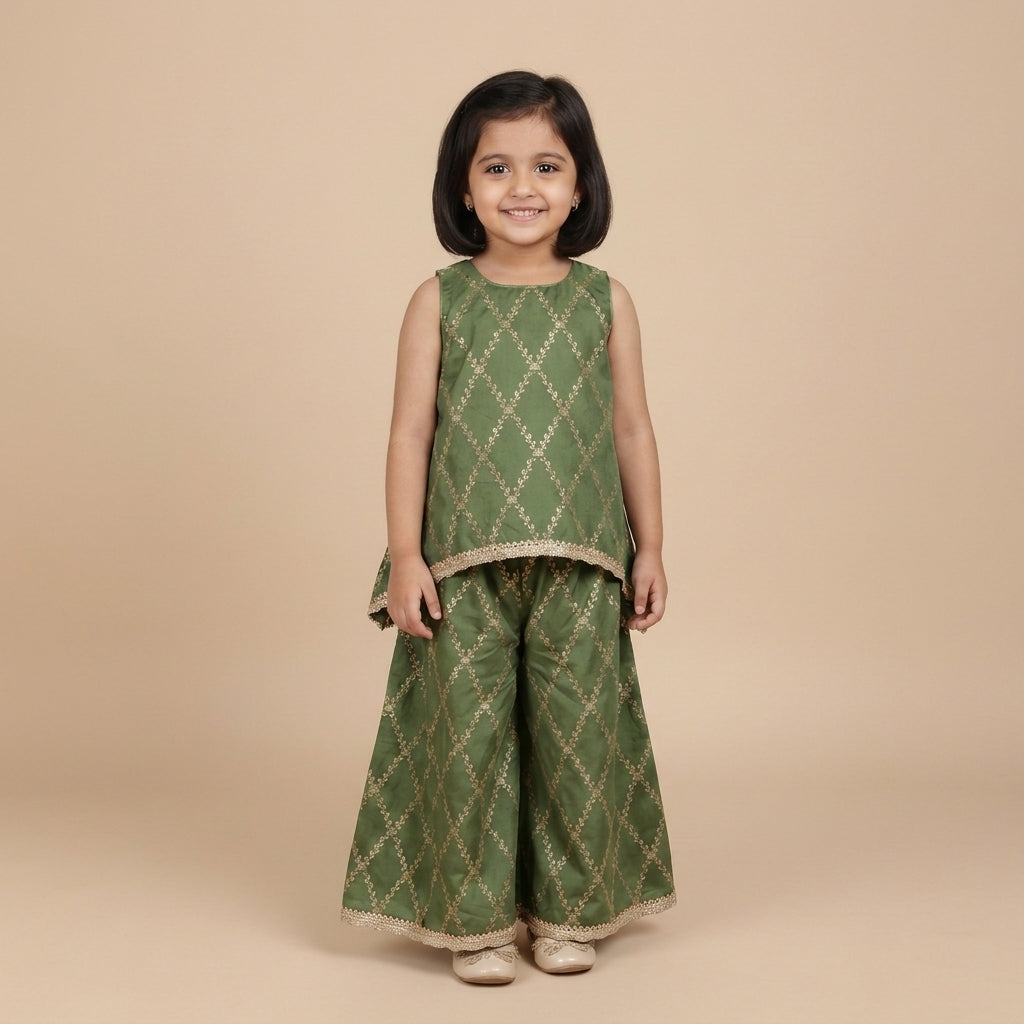 Poppy x Tyohaar | Deep Olive Vine Mesh Brocade Tent Style Kurta & Flared Pant Set