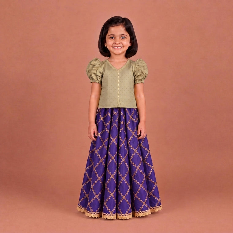 Timtim x Tyohaar | Oyster Grey & Regal Purple Chandheri-Brocade Ruffle Sleeve Lehenga Set