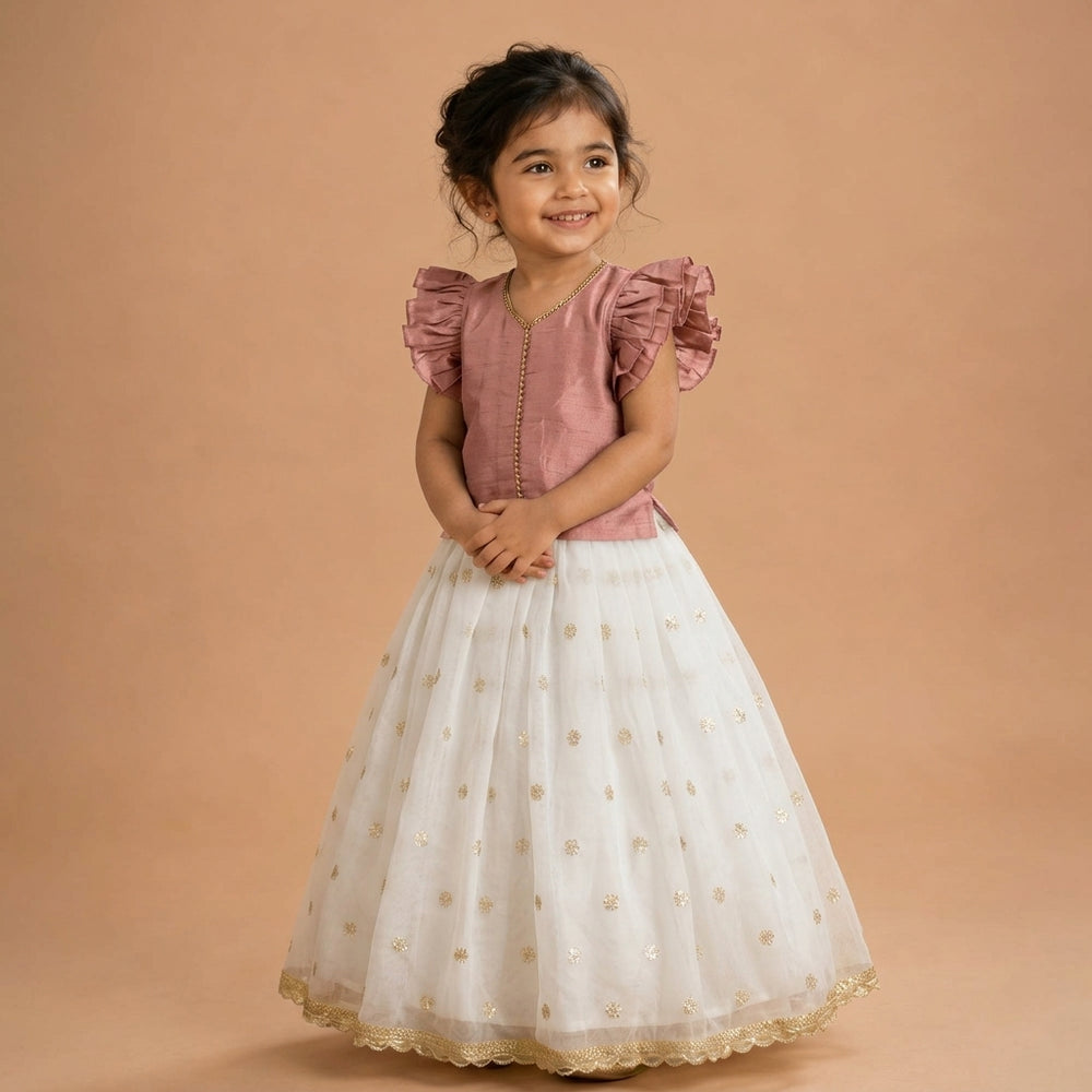 Gilheri x Tyohaar | Sea Pink & White Chandheri-Organza Ruffle Sleeve Lehenga Set