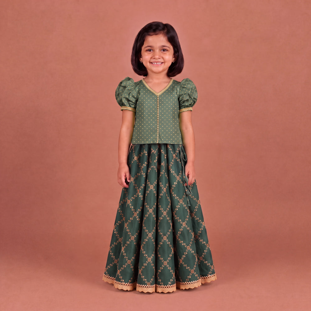 Timtim x Tyohaar | Green Chandheri-Brocade Ruffle Sleeve Lehenga Set