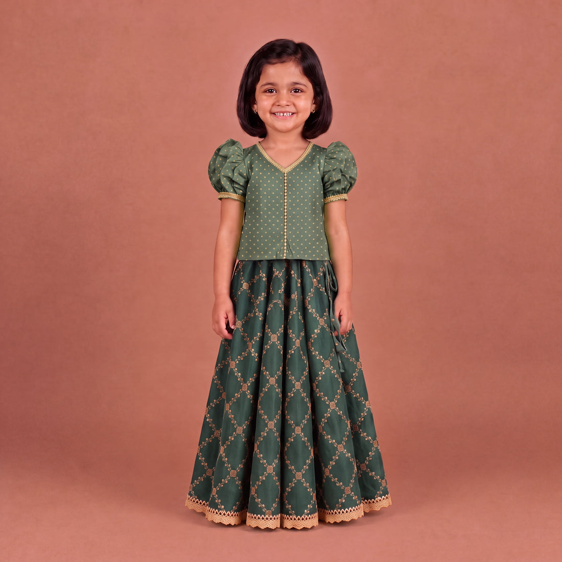 Timtim x Tyohaar | Green Chandheri-Brocade Ruffle Sleeve Lehenga Set