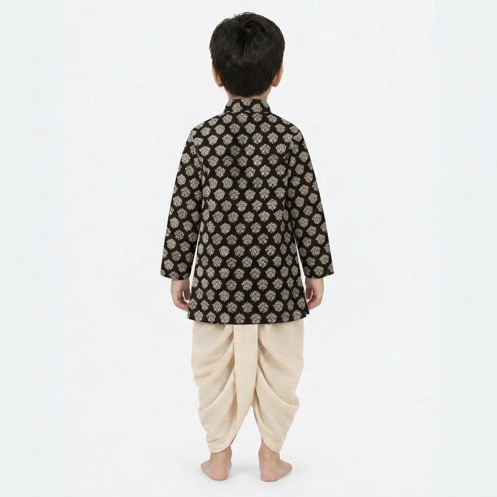 Veer x Tyohaar | Kurta & Dhoti Pant Set in Black Floral Block Print Cotton & Linen