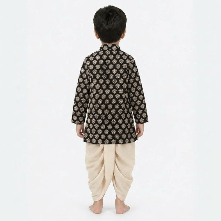Veer x Tyohaar | Kurta & Dhoti Pant Set in Black Floral Block Print Cotton & Linen