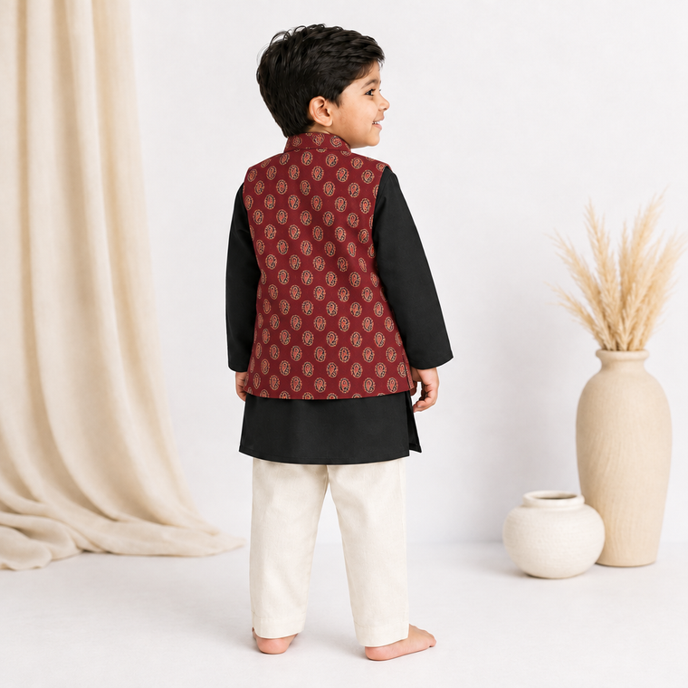 Ambi x Tyohaar | Kurta Pant & Jacket Set in Red Mango Cotton & Linen