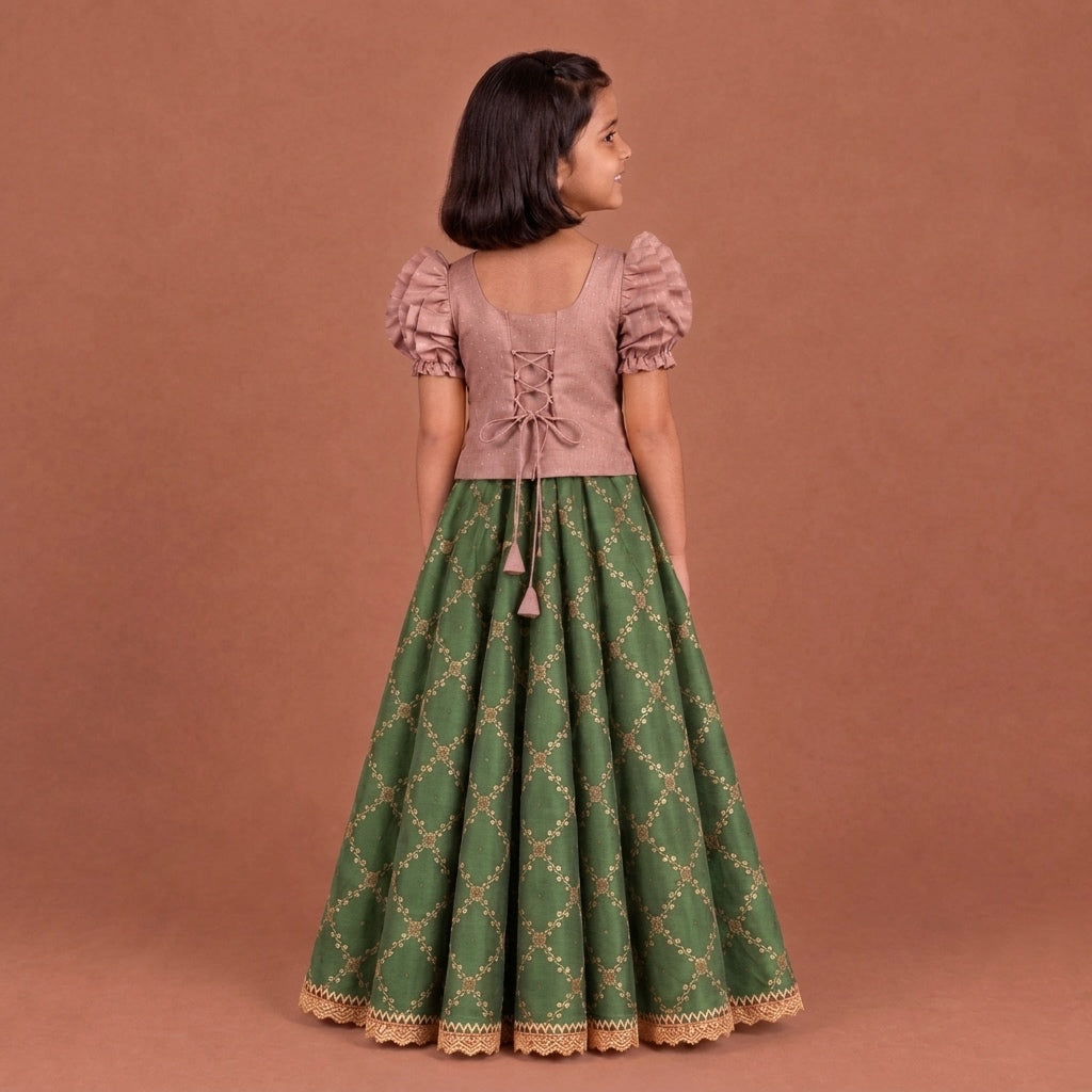 Timtim x Tyohaar | Dusty Rose & Deep Olive Chandheri-Brocade Ruffle Sleeve Lehenga Set