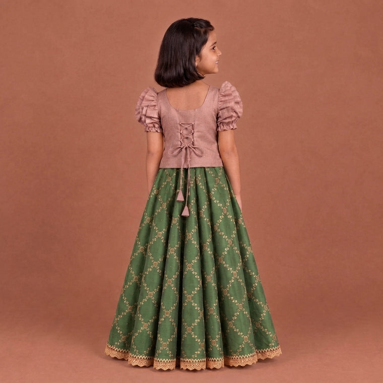 Timtim x Tyohaar | Dusty Rose & Deep Olive Chandheri-Brocade Ruffle Sleeve Lehenga Set