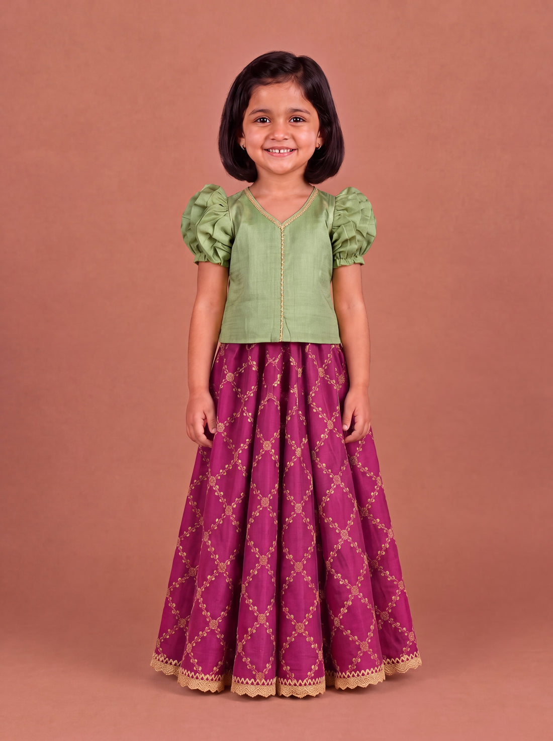 Timtim x Tyohaar | Light Green & Rosy Pink Chandheri-Brocade Ruffle Sleeve Lehenga Set