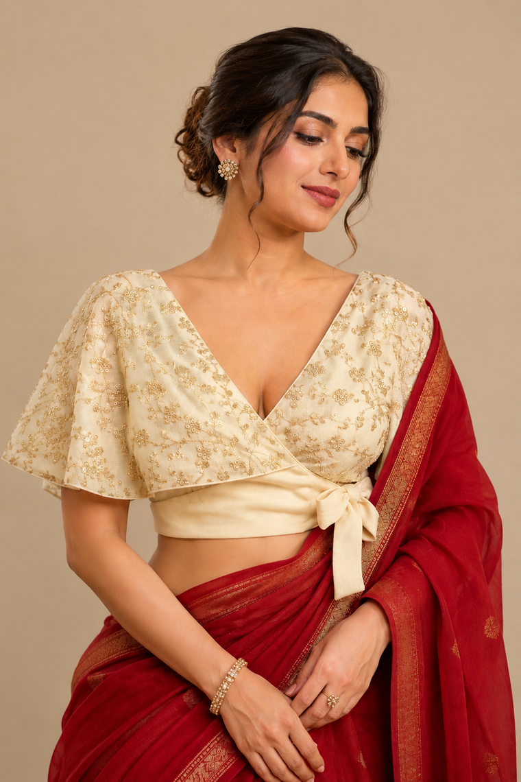 Cera | Shawl Sleeve Cream Embroidered Tissue CinchFit™ Saree Blouse