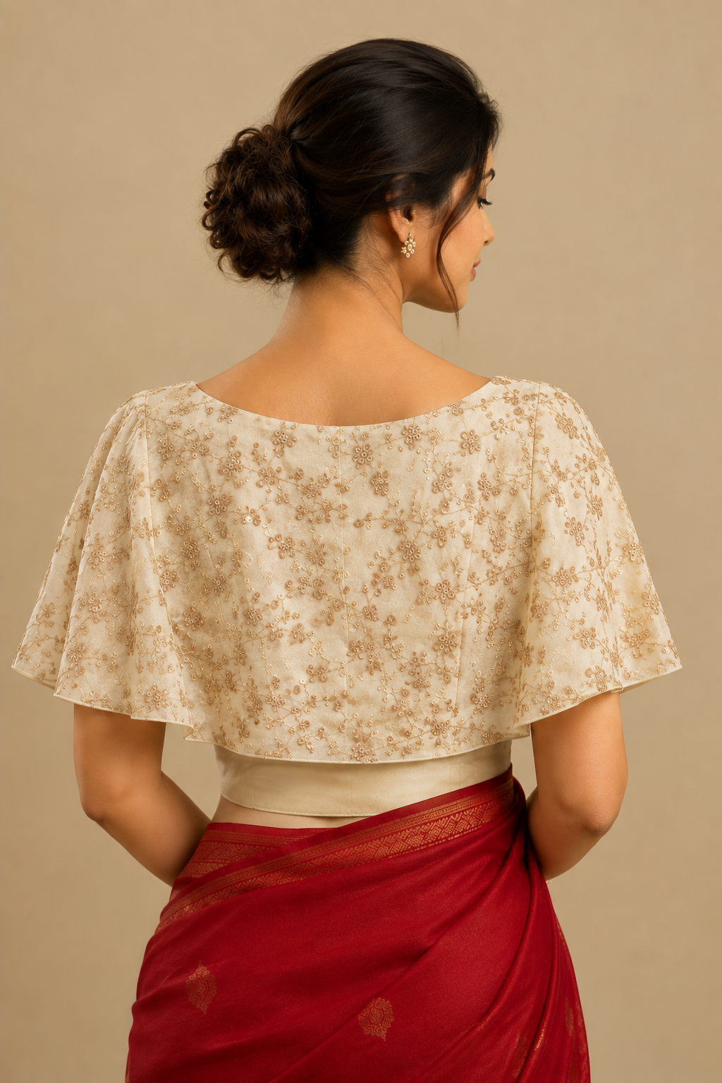 Cera | Shawl Sleeve Cream Embroidered Tissue CinchFit™ Saree Blouse