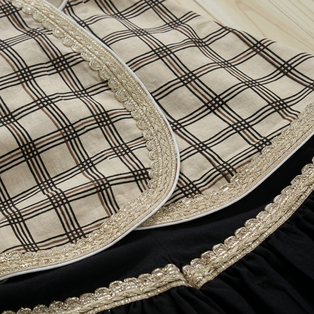 Misha x Tyohaar | Angrakha-Sharara Set in Cream Windowpane Check Block Print Cotton