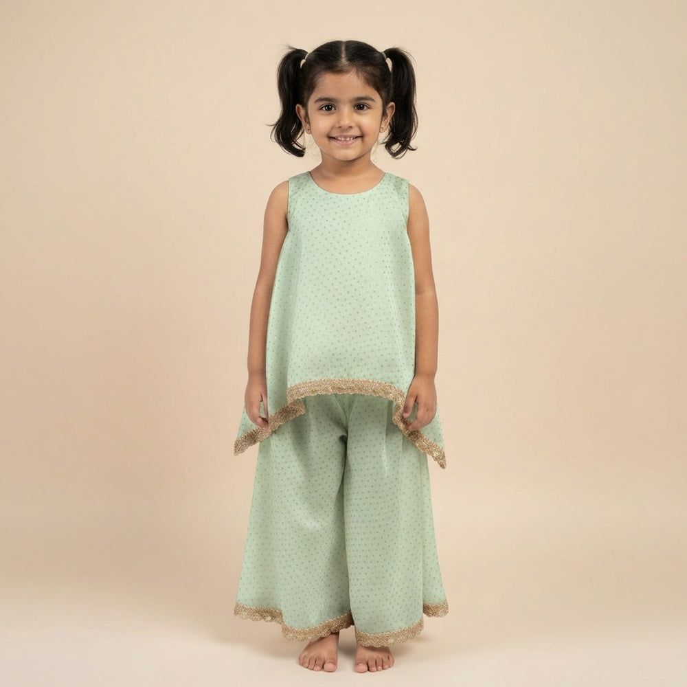 Kitty x Tyohaar | Light Green Foil Chandheri Tent Style Kurta & Flared Pant Set