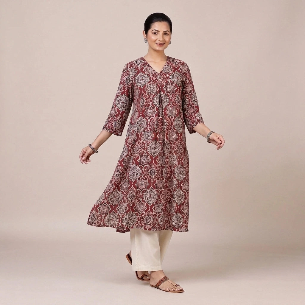 Bhavna Pleated Red Ajrakh Jaal Printed Cotton BreezeFit™ Kurta
